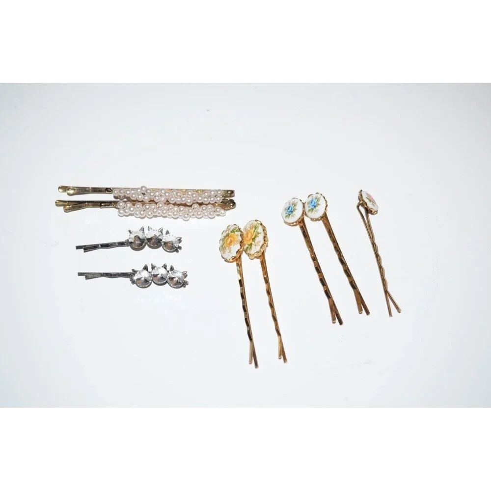 Vtg lot Floral Flower Ceramic Bobby Pin Hair Pins beads rhinestones cats 9pc